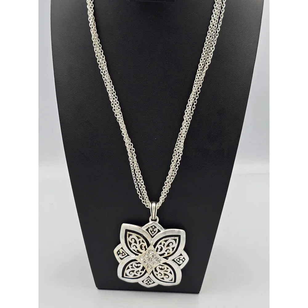 Fashion Silver Tone Multi-Chain Necklace Large Floral Filigree Pendant Clear - Picture 2 of 9